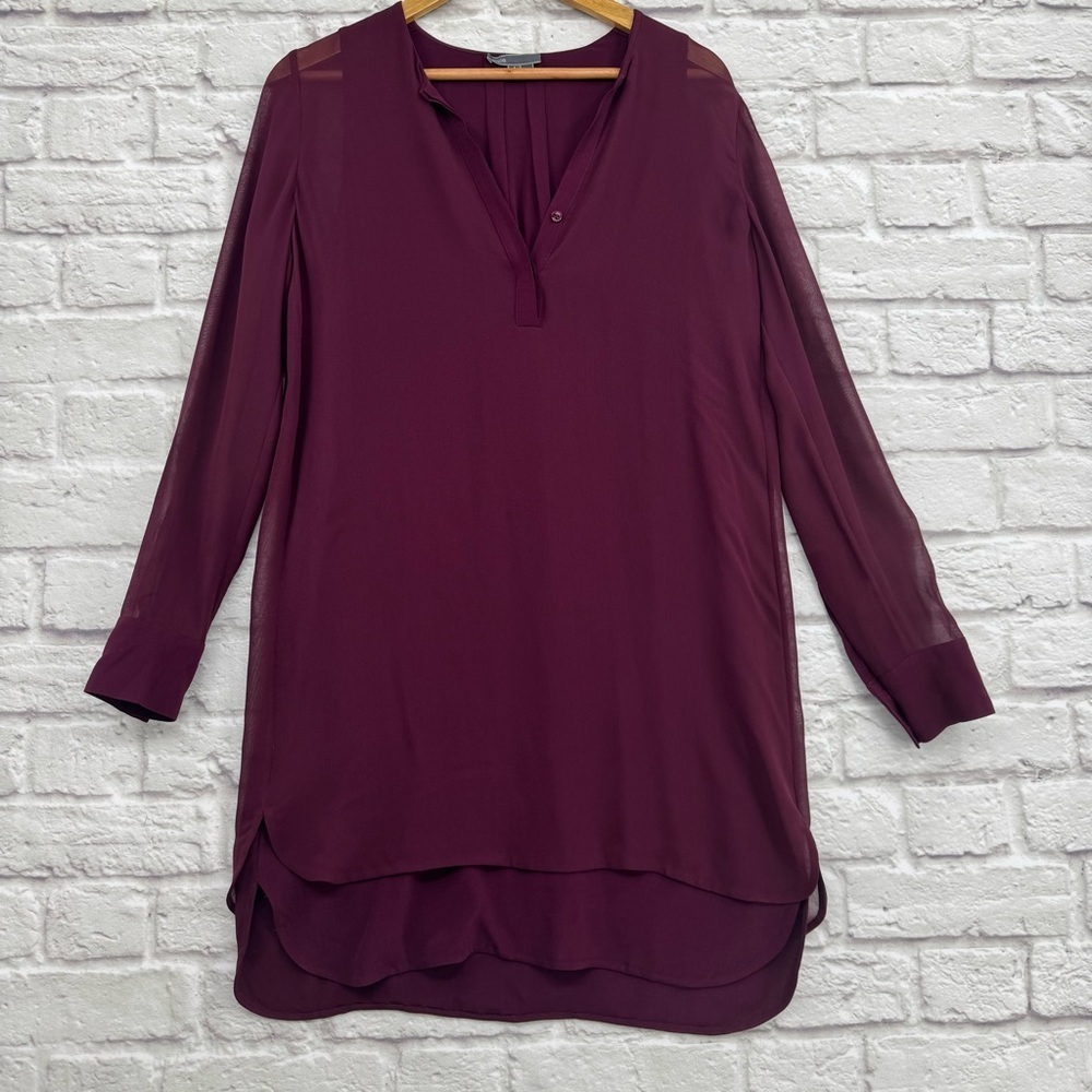 Vince Silk Blend Sheer Long Sleeve Burgundy Shift Dress Tunic Size 4 - Picture 2 of 16